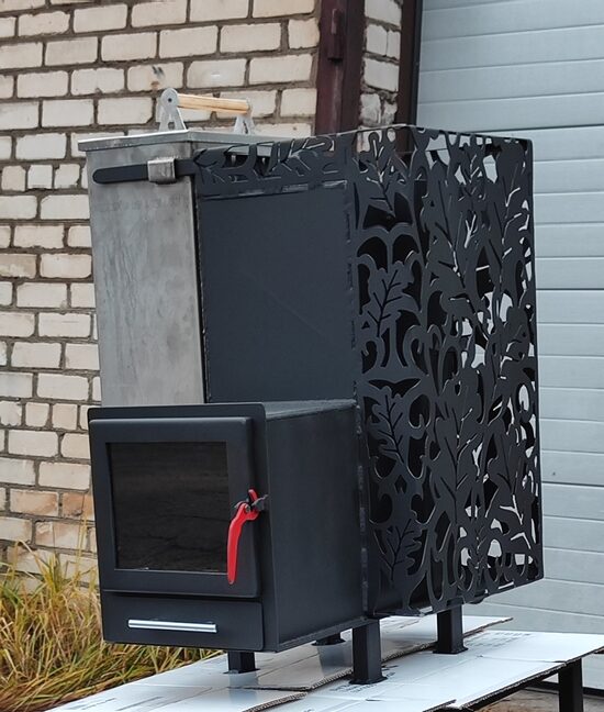 Sauna stove OZOLS with stainless steel water tank 60L on the left side and glass door, heated from the anteroom, firebox 28 cm